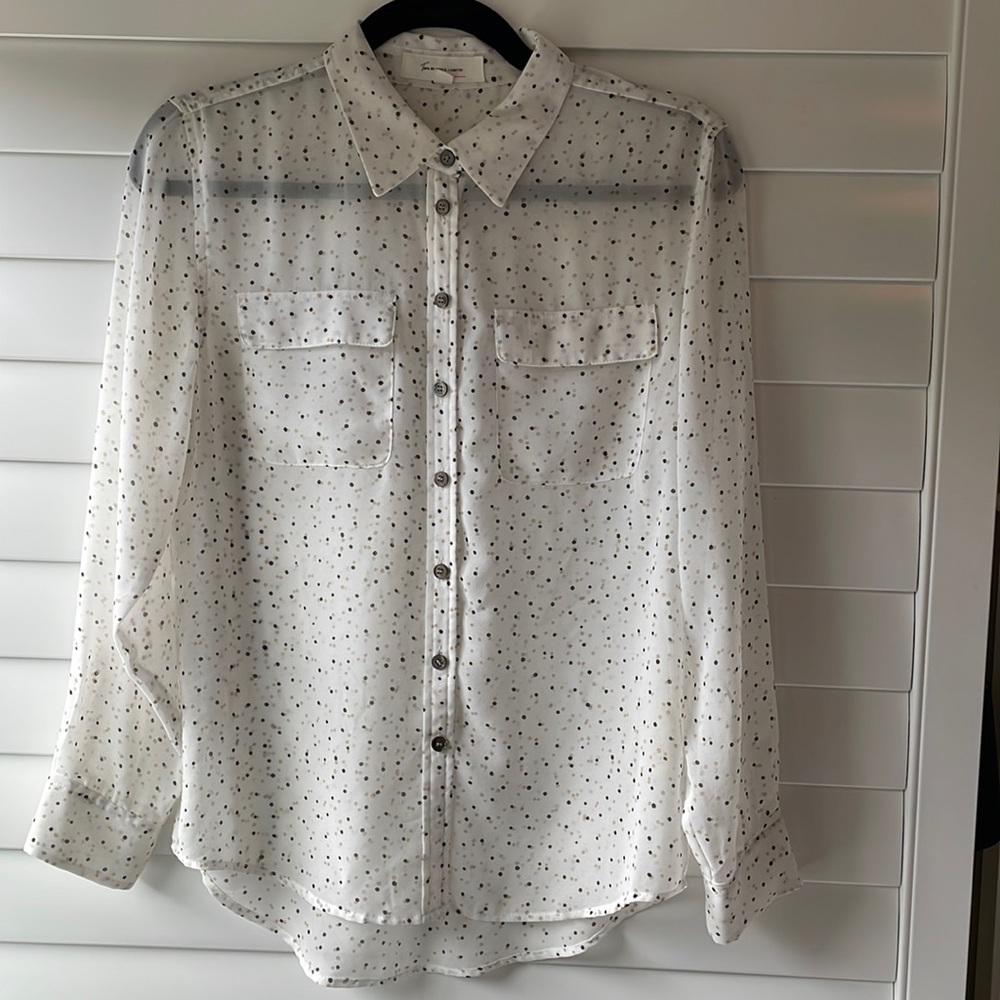 vince camuto sheer button down with polka dots